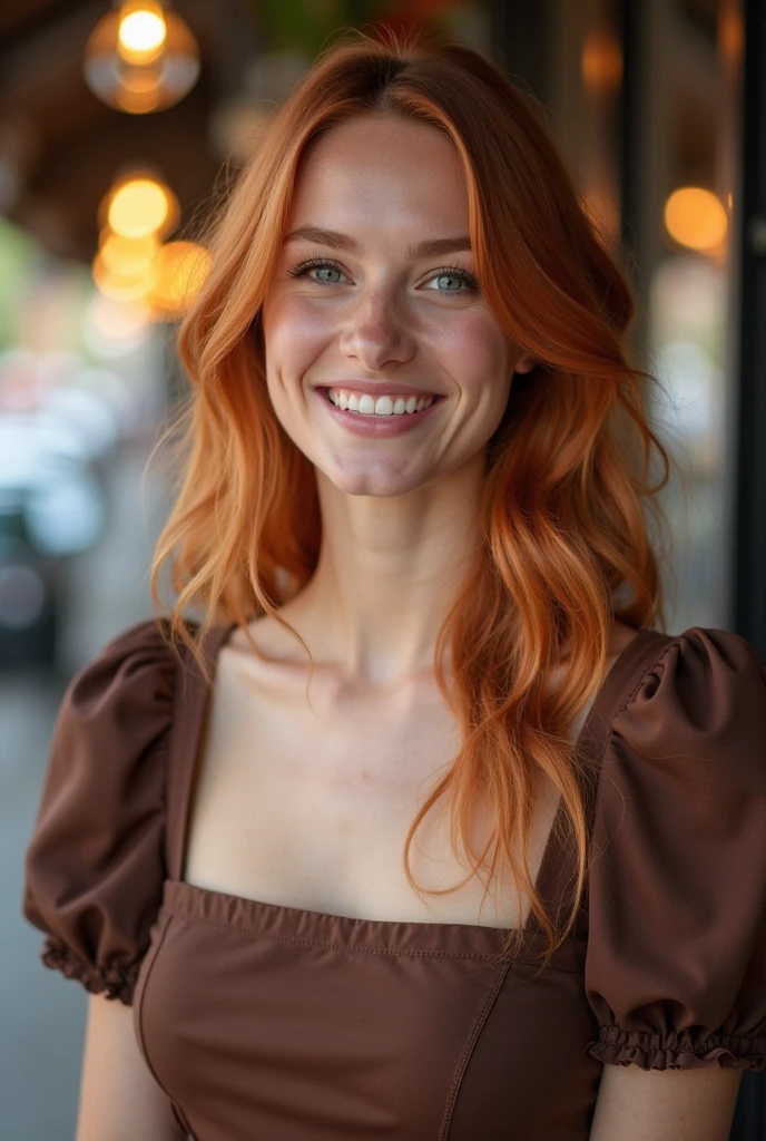a close up photo of a 20 year old french woman in a blouse at a bar, seductive smile, ginger hair, cinematic light, film still,