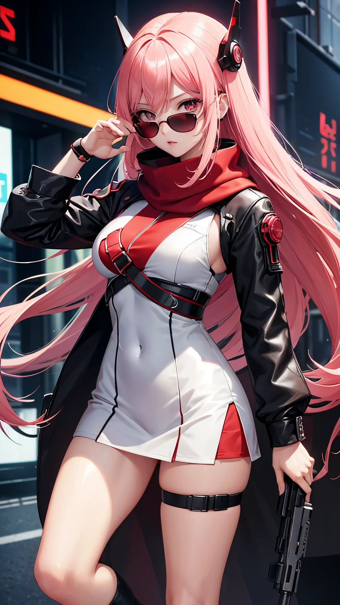 Zero Two, darling in the franxx, 1girl, 独奏, Masterpiece, Best Quality, Ultra-detailed, fringe, At the back, ombre, Green eyes, Hair behind the head, Horns, hairlong, looking a viewer, makeup, big ass, pilot suit, red costume, pink hair, red eyeshadow, science fiction, Sci-Fi