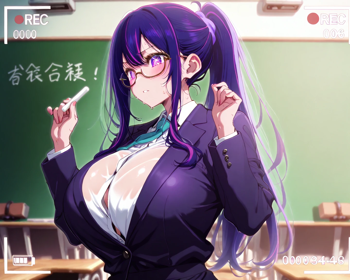 beautiful woman, extremely long hair, purple hair, hair covering one eye, bright blue eyes, glowing eyes, lots of freckles, full lips, (gigantic breasts 1.8), extreme cleavage, deep cleavage, thin body, open button-up shirt, no bra, 12cm tight skirt, teacher outfit, eyeglasses, thigh high socks, high heels, necklace, extreme blushing, smile, seductive, ultra detailed, classroom background, teacher, masterpiece, 8k