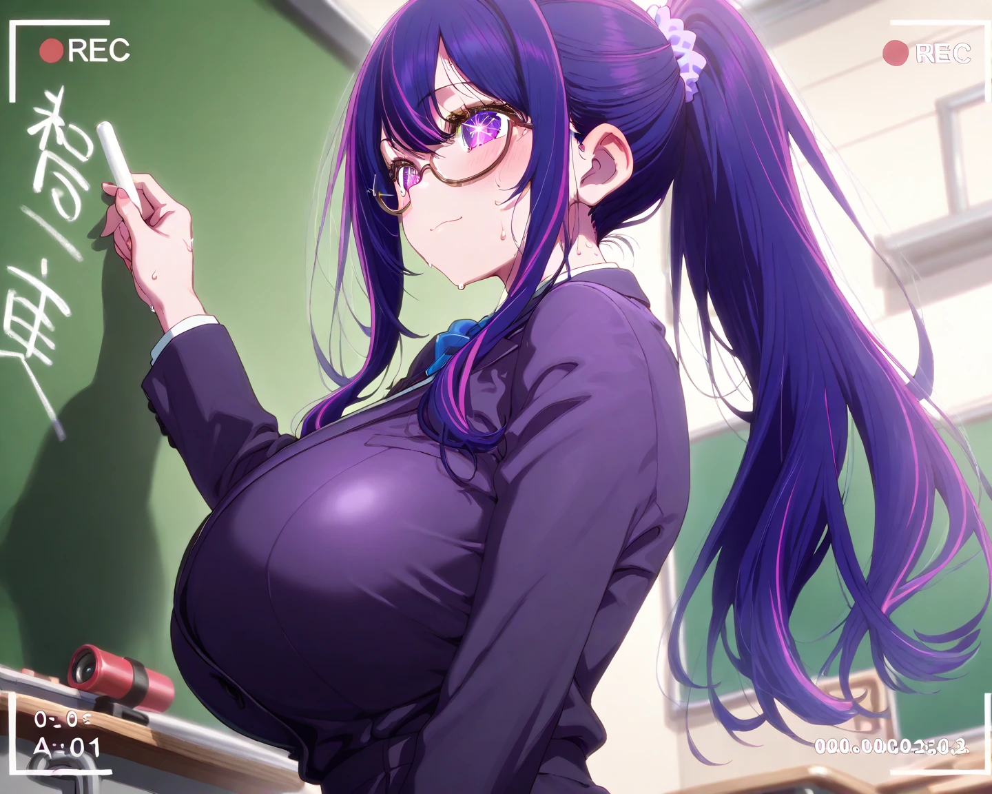 very tempting pose, seductive pose, (at classroom), (classroom background), blue shirt, black skirt, semi-rimless eyewear, black hair, very long hair, ponytail,Bangs,purple eyes, 1 girl, 20yo,Young female,Beautiful Finger,Beautiful long legs,Beautiful body, Beautiful Nose,Beautiful character design, perfect eyes, perfect face,expressive eyes, perfect balance, looking at viewer,(Focus on her face), official art,extremely detailed CG unity 8k wallpaper, perfect lighting,Colorful, Bright_Front_face_Lighting,White skin, (masterpiece:1.0),(best_quality:1.0), ultra high res,4K,ultra-detailed, photography, 8K, HDR, highres, absurdres:1.2, Kodak portra 400, film grain, blurry background, bokeh:1.2, lens flare, (vibrant_color:1.2),professional photograph, (Beautiful,huge_Breasts:1.4), (beautiful_face:1.5),(narrow_waist)