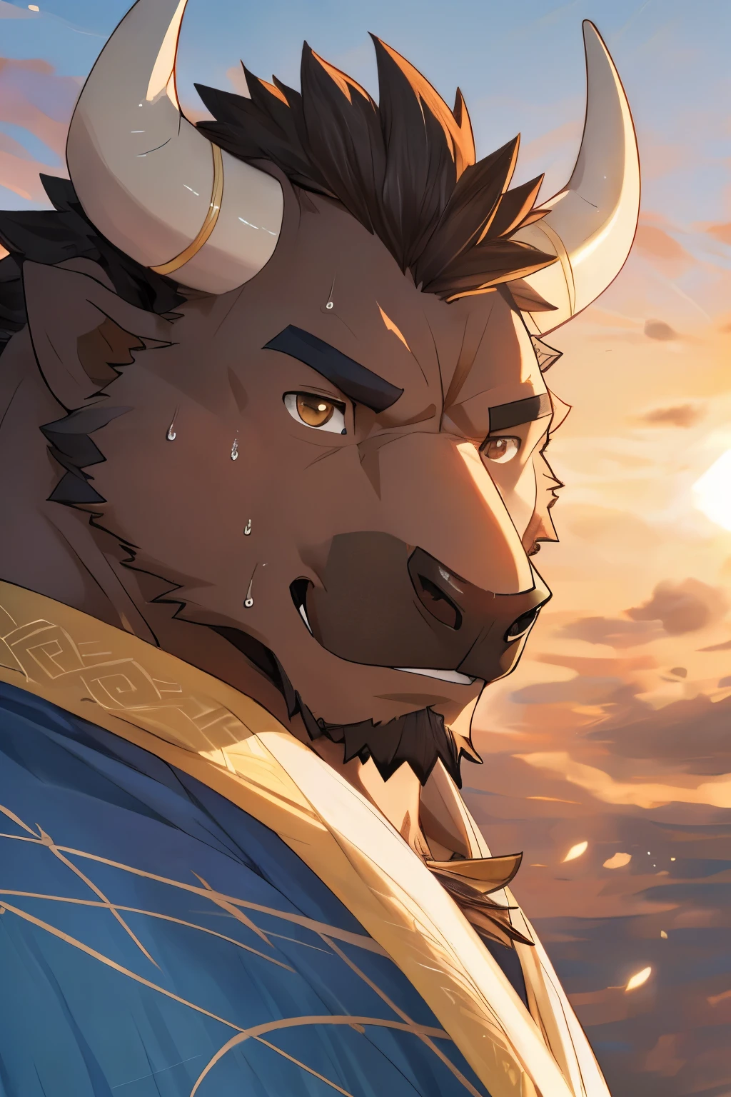male,40 years old, ((Round Face, Full face ,brown eyes, )), ((Endocrine, handsome)), (), ((Domestic black bull,bull,) furry fur, furry), Outside, (high quality, high resolution, masterpiece), ( dynamic lighting, bright colors), (), Full body photo , cartoon, author:Arashi Takehoto, from Zixiong , author:Chunni, author:Ethereal,(background:), ultra-detailed, sweat, Rough, maturity, strong expression, sharp gaze.,The characters wear dark blue Hanfu,The color of Hanfu is dark blue,Sloppy