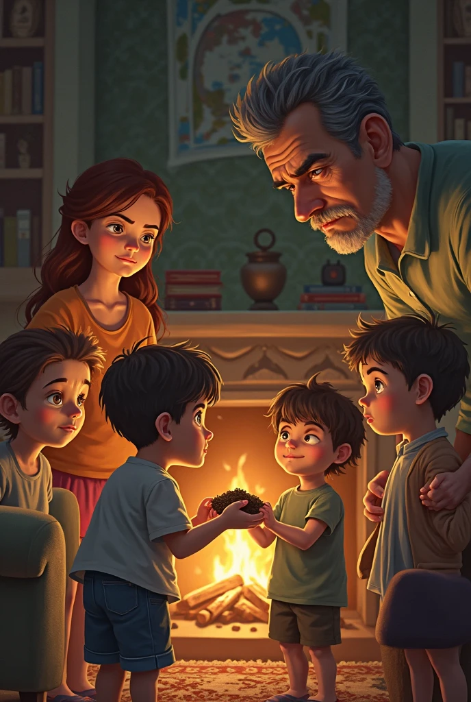 Make me a family dinner and the parents must be 40 years old but the father must not have a beard., that they are with their children, comic style A little dark