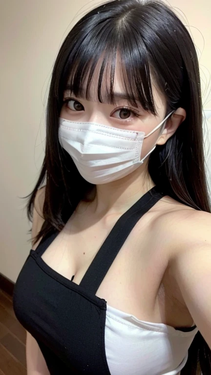 Chat rooms、cute little room、computer、microphone、illumination、long beautiful hair、white mask、arafed woman wearing a face mask、(highest quality、High resolution、masterpiece:1.3)、