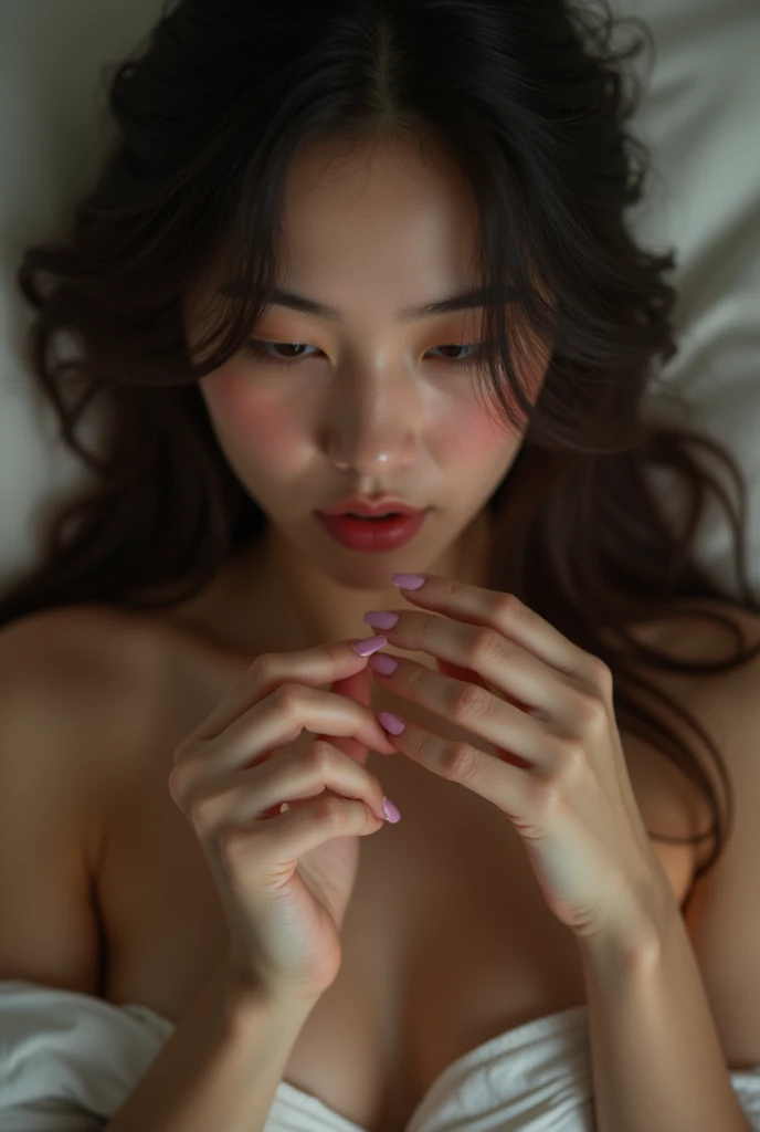 Japanese Cute female college student Selfie Exposed Skin Large Breasts close your eyes Lips kissing blouse High School Uniform Left hand making a peace sign On the bed Lying down Open chest