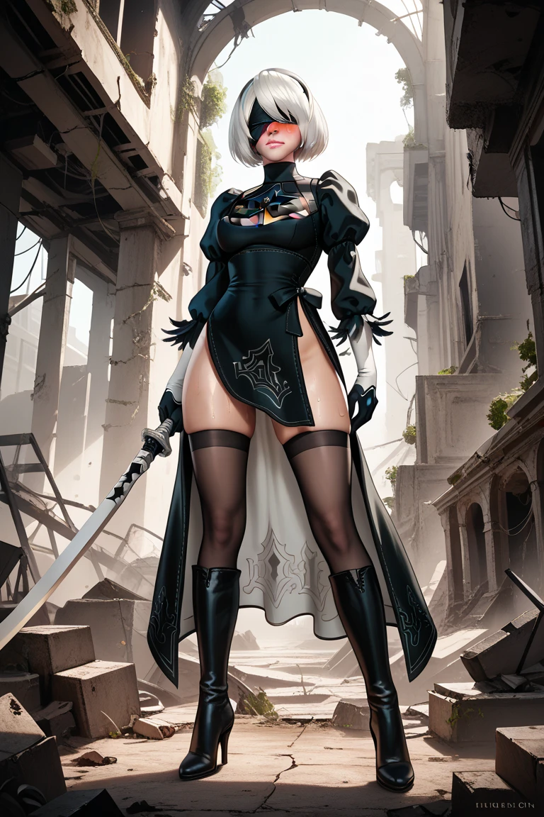 a woman in a black corset and boots holding a gun