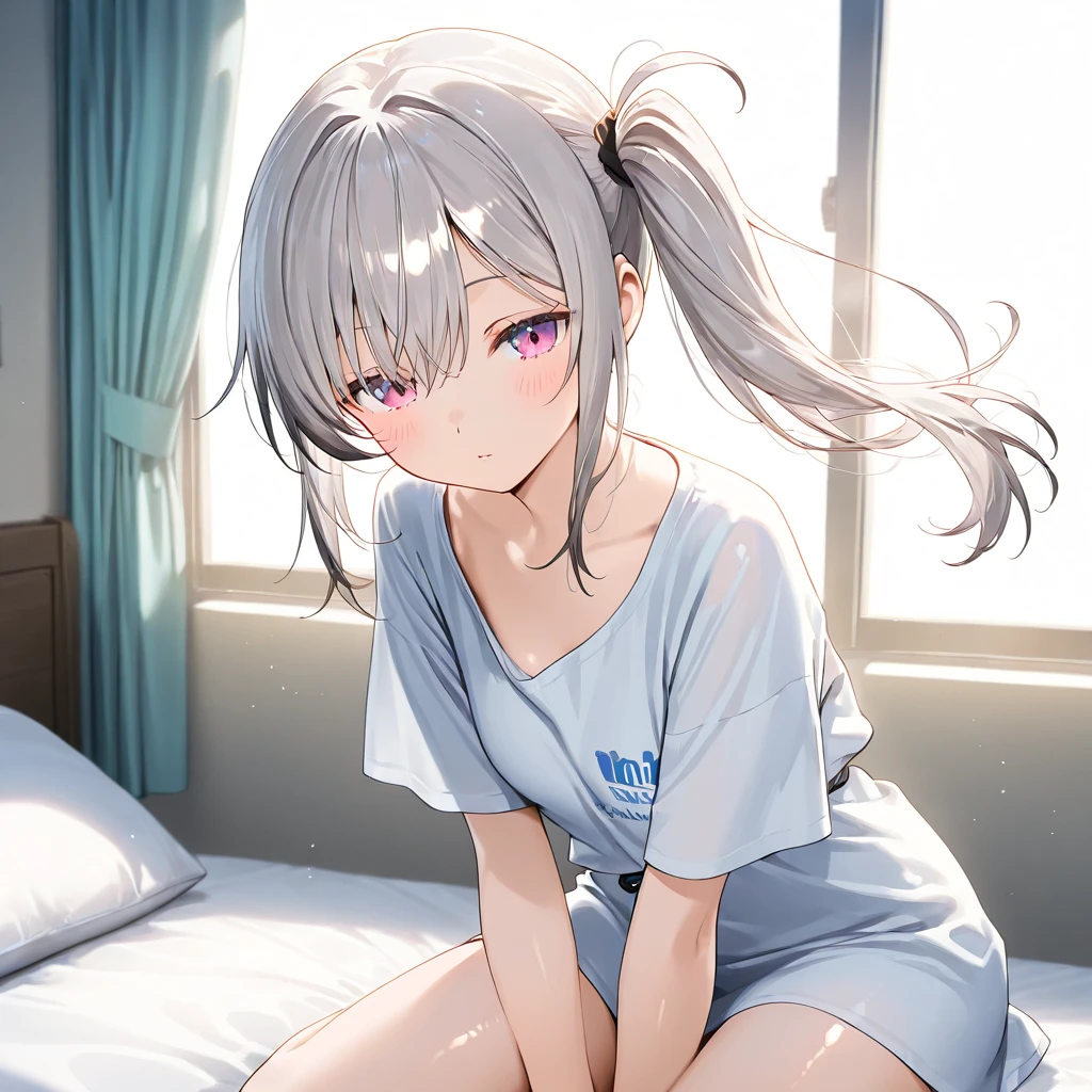 Cute anime girl, silver hair, red eyes, only wearing a large thin shirt, no underwear, vulnerable, teenager, modern home, night time,