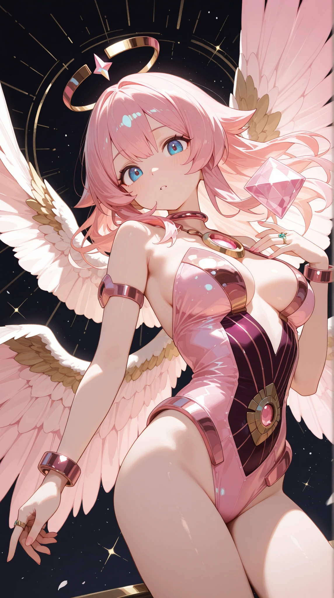 1 woman、爆乳、cleavage of the breast、Pale pink hair studded with stars、Long Lace Bale、Lolita clothes with lots of frills and ribbons、angel wings encrusted with jewels、A smile