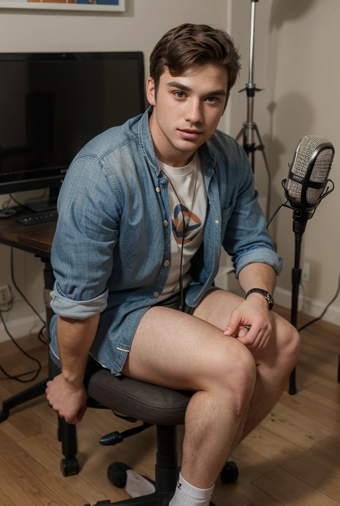high quality, shirtless, white, male, pale skin, cute, brunette, 20 years old, skinny, medium length messy brown hair, nipples, chest hair, leg hair, armpit hair, sitting in radio station booth, khaki dress shorts, microphone, soundboard, headphones, ash tray with cigarettes, vivid color photograph, hard focus, modern photograph, detail
