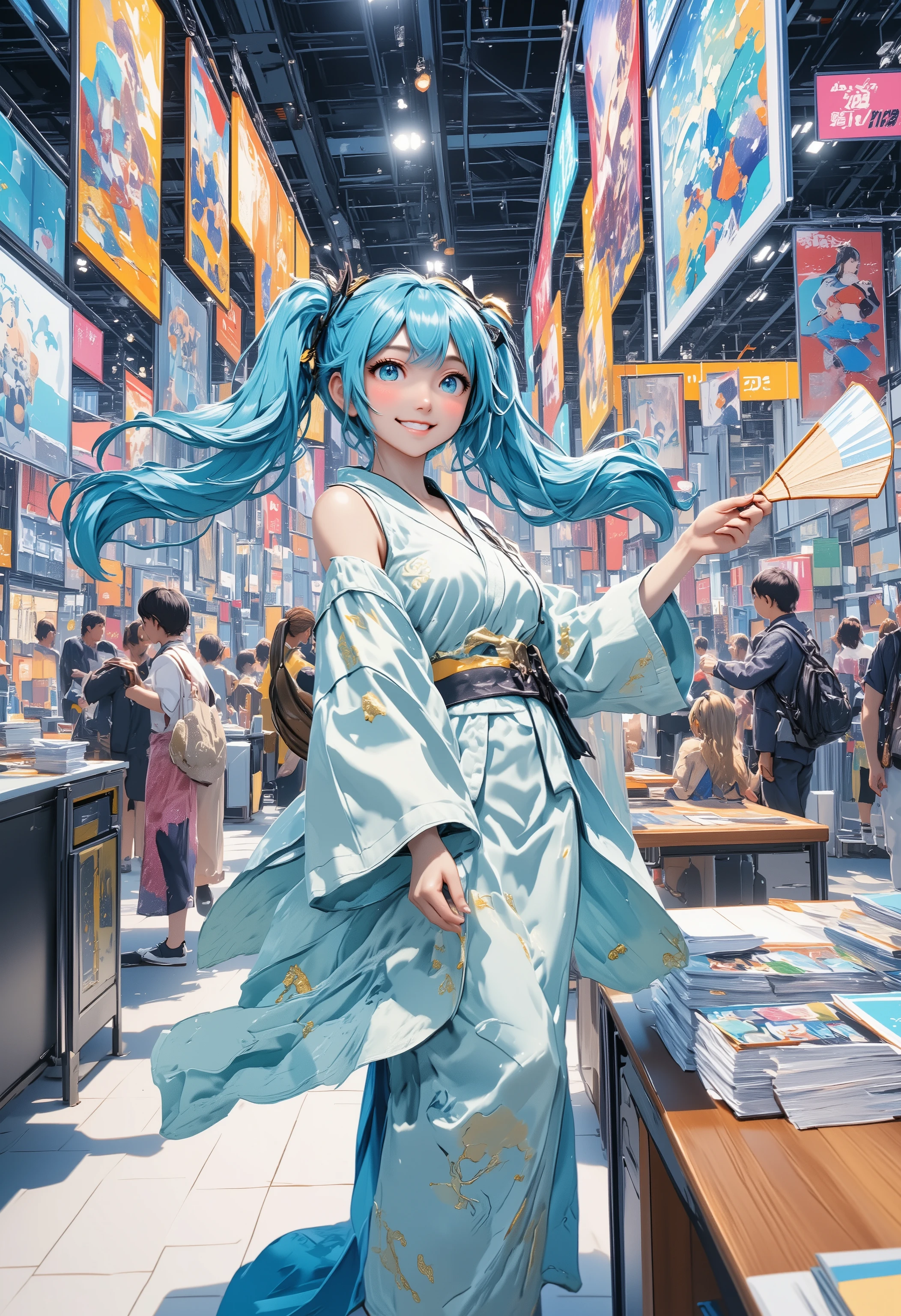 Modern Japanese anime convention indoor scene, vibrant spacious exhibition hall filled with doujinshi booths and anime merchandise stalls, cosplayer gathering area with various costumed attendees, electronic game demo zone and stage performance area visible in background. Hatsune Miku wearing light blue kimono with wave patterns and golden musical notes, signature twin tails hairstyle, happily browsing booths while holding uchiwa fan. Emphasis on convention details: hanging anime posters, LED screens showing new anime PVs, attendees holding cameras, stacked manga on tables. 8K ultra HD, soft diffused lighting, detailed material textures, shallow depth of field highlighting subject, vibrant yet balanced colors, anime-inspired illustration style