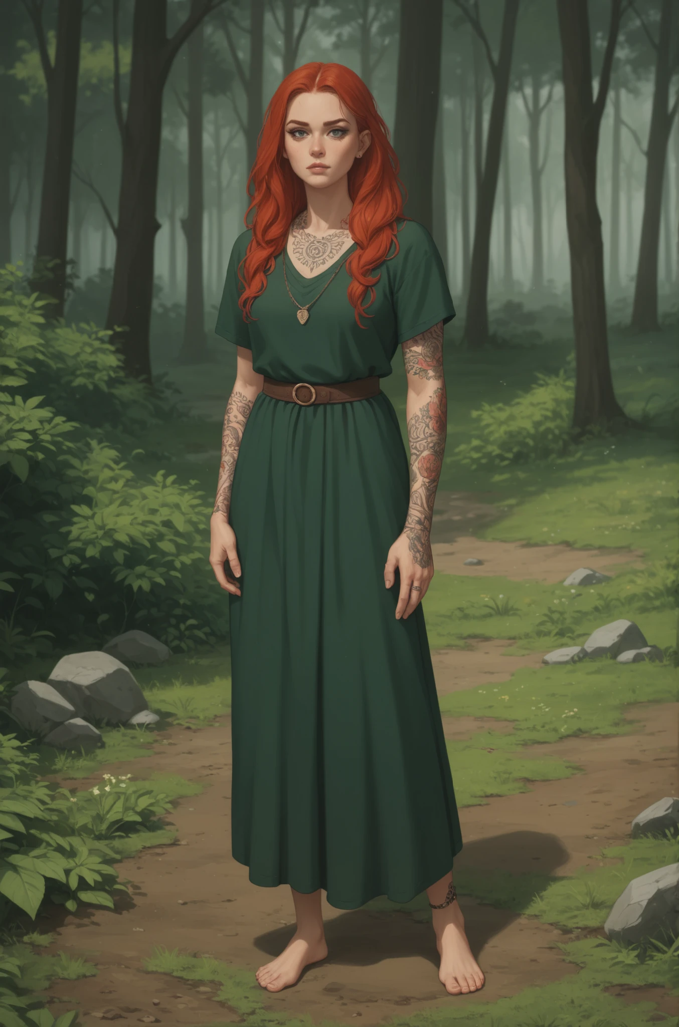 Full-length red-haired Celtic girl, Covered in tattoos, with a sleepy sword, tousled hair, tunic, in the middle of the forest, arrogant gaze.