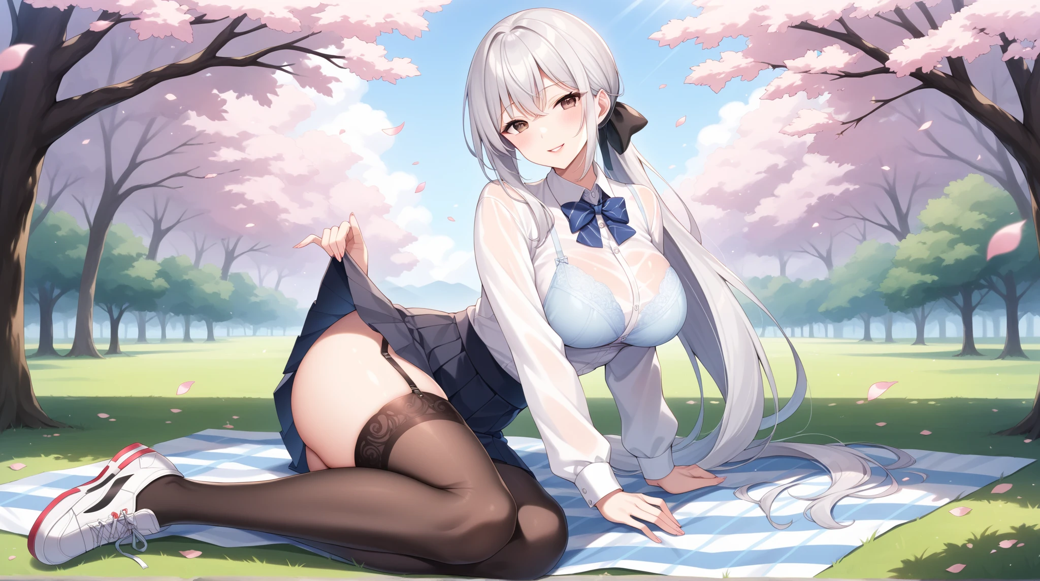 Without skirt、The skirt is flipped up、Without skirt、White underwear、In underwear、Panties in full view、White panties、 1, 1girl, asahina mikuru, long hair, kita high , solo, short sleeves, red ribbon, large breasts, cowboy shot, waving, outdoors, Underwear in full view、From the back