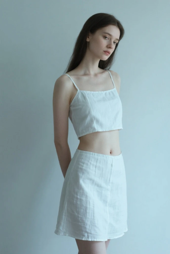 woman wearing a white cotton  top, flowing fabric, sash around waist, pale skin, freckles, ginger, standing in flowers, 4k, 8k, masterpiece, extremely detailed face and eyes, natural skin, extremely detailed skin, pouty small lips, soft facial features, very pale skin, ((no skirt)), sly smile, panties visible