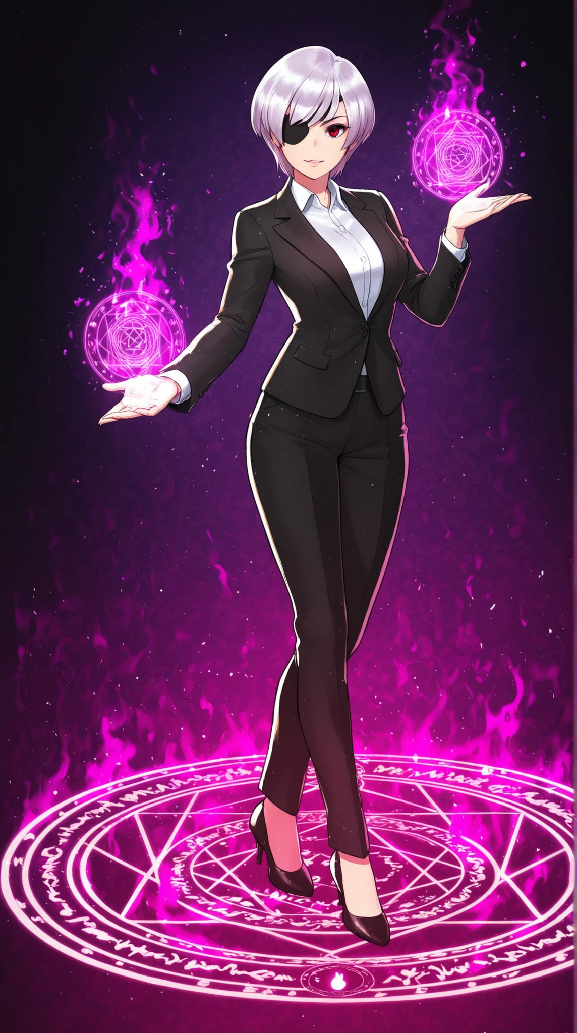 female, single eye patch, Black Formal , Glamorous short hair, modern, A magic circle that shines under your feet, magic effect,