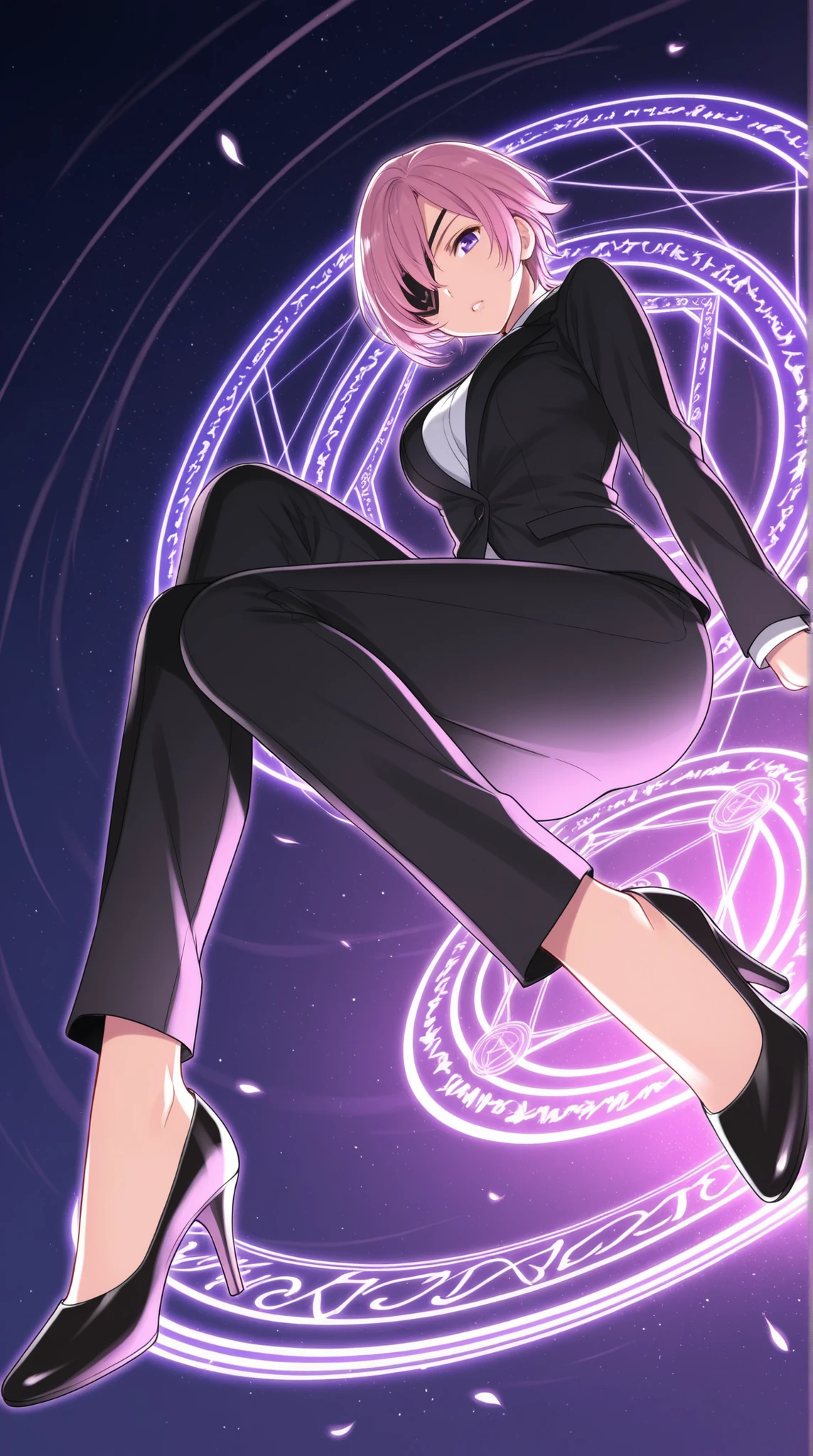 female, single eye patch, Black Formal , Glamorous short hair, modern, A magic circle that shines under your feet, magic effect,
