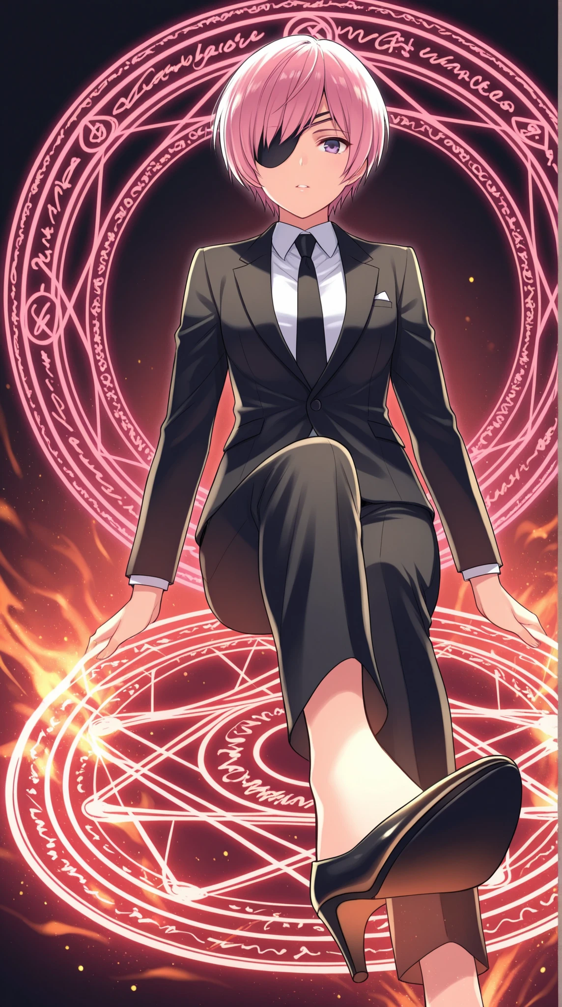 female, single eye patch, Black Formal , Glamorous short hair, modern, A magic circle that shines under your feet, magic effect,