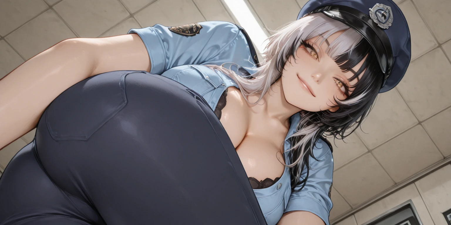 nsfw,(handjob:1.3),(penis),(1 boy),spolicewoman,(highest quality:1.4),unreal engine,masterpiece,super resolution, very detailed, 1 woman,big breasts, waist, thin, open mouth,(muscular:0.8) ,(light blue long hair:1.1),aroused,purple eyes ,light smile,Shorts, (happy:1.3),belly button exposed,in the bedroom