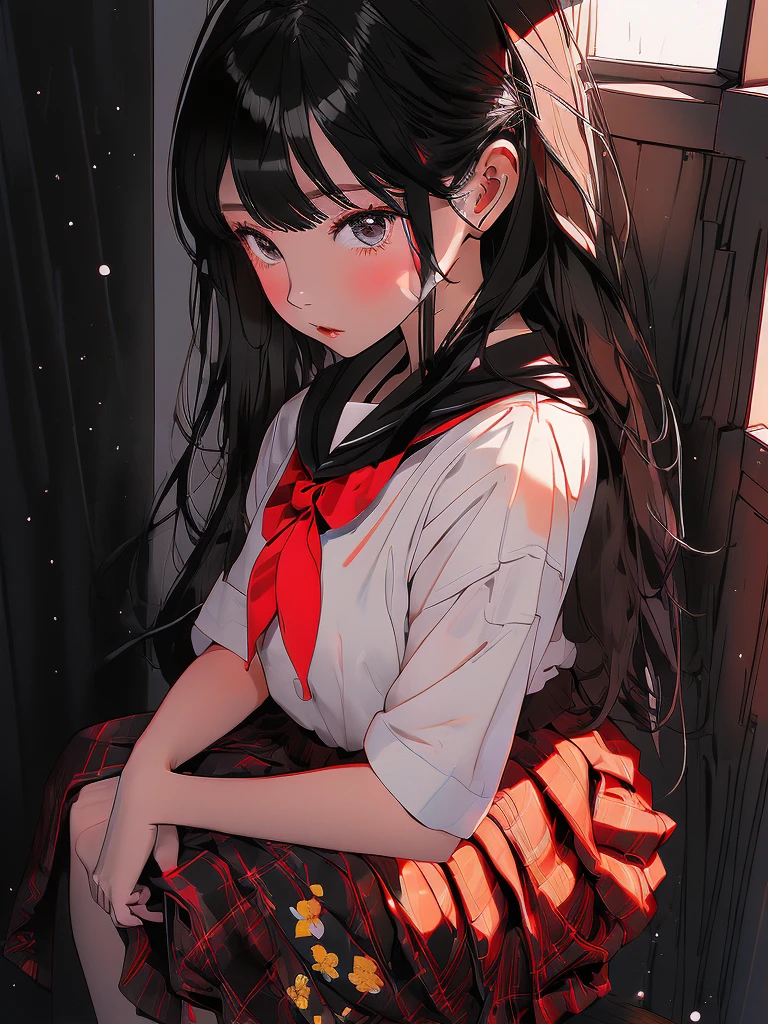 camellia, flower, red_flower, red_rose, rose, katana, 1girl, pink_rose, pink_flower, spider_lily, shoes, long_hair, school_uniform, serafuku, sheath, skirt, solo, sheathed, vase, looking_at_viewer, sitting, orange_flower, pleated_skirt, rose_petals, black_shirt, black_legwear, black_skirt, hibiscus, very_long_hair, parted_lips, loafers, sailor_collar, black_hair, neckerchief