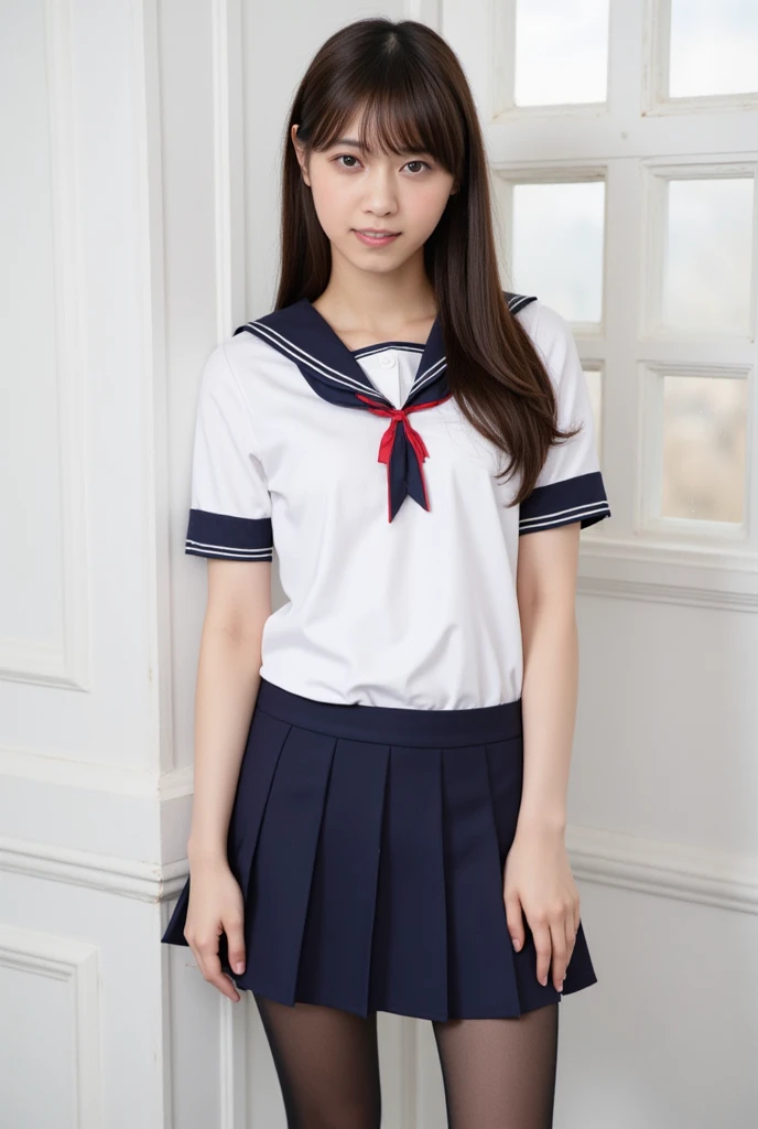 8K, Ultra-high resolution, Highest quality, masterpiece, 三分割法によるphotograph,Surreal, photograph, 1 girl, (16 years old:1.3), pretty girl, Cute face, Beautiful eyes in every detail, 細かくdetailedに,masterpiece,, One Girl:1.2, Japan Female Announcer,whole body、Black Hair、well-groomed eyebrows、Cute Lip Makeup、Calm atmosphere、A short-sleeved shiny dark sailor suit、White sailor collar、Navy blue pleated skirt、Red ribbon、White Stockings、Standing by the window of a classroom、Cute gestures、so beautiful,A carefree smile,Healing the heart,short hair,Looking at the audience、beauty,Long neck、Laugh a little、Please close your mouth and laugh、(((Ideal body type))),A-cup small breasts :2,、Portraiture:2、Perfect Anatomy、鮮明なdetailed、detailed、Surreal、Light and shadow,Strong light
