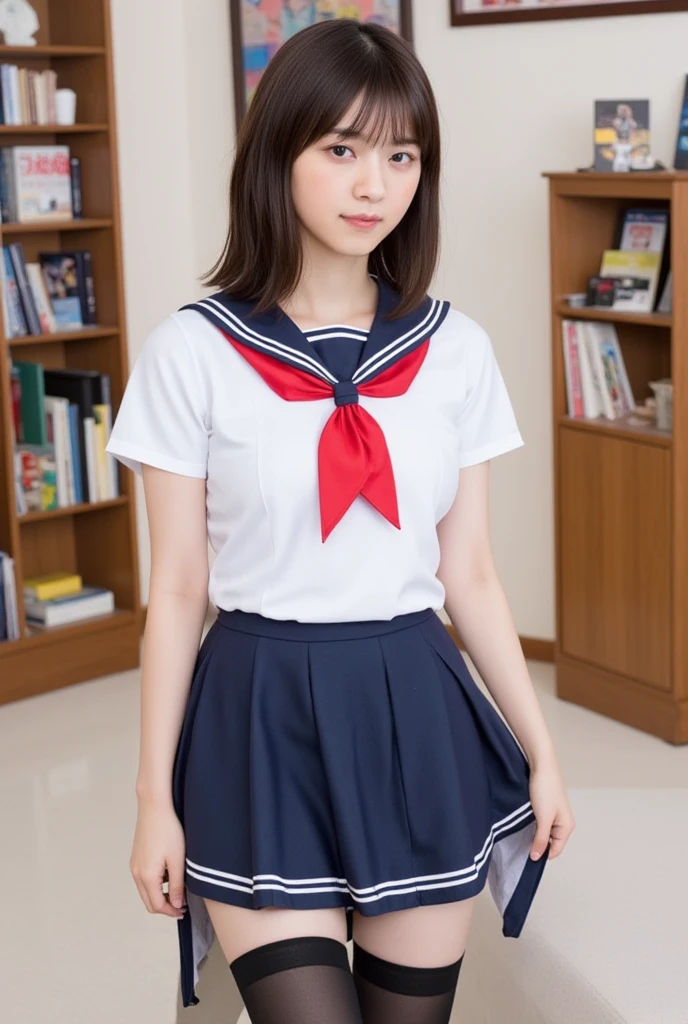 ((Highest quality)), ((Photo quality)), (detailed), Perfect Face,15 years old,Upper Body,Thin arms,White skin,bed,Japanese Uniform,Summer clothes,middle School girls,Sailor suit,Navy Blue Skirt,Red ribbon