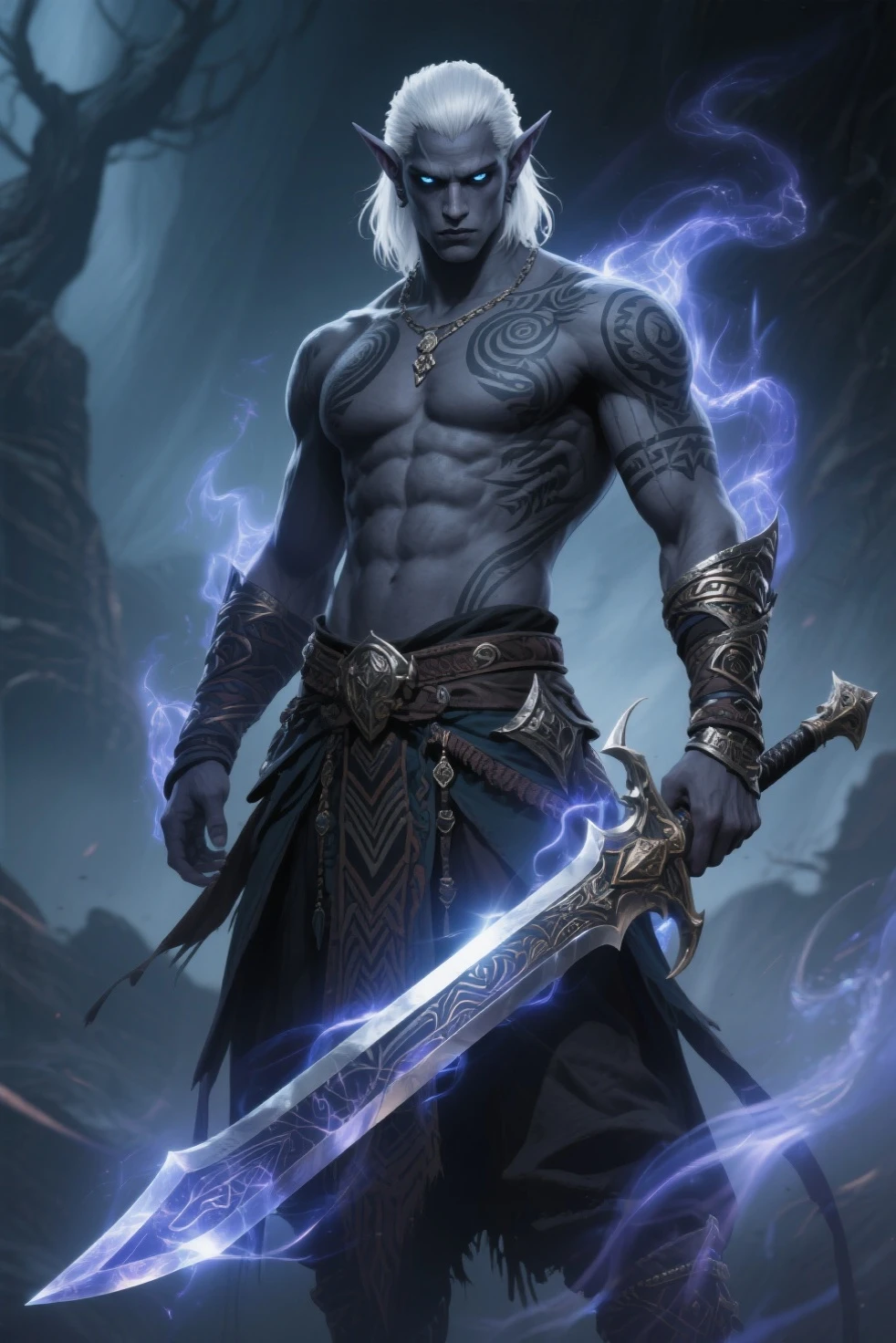 A dark elf rogue (male, pitch black skin, violet eyes, platinum hair, lean and muscular, wielding short blades) is striking roguish poses, deep magical dungeon
