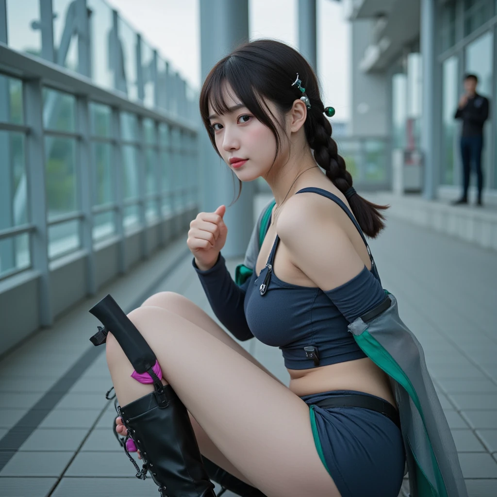 Beautiful girl sitting on a ledge with a cell phone in her hand