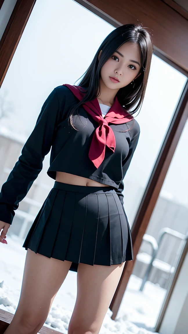 beautiful, masterpiece, best quality, extremely detailed face, perfect lighting,1girl, solo, matoi ryuuko, black serafuku, black skirt, red hair, senketsu, torn clothes, underboob