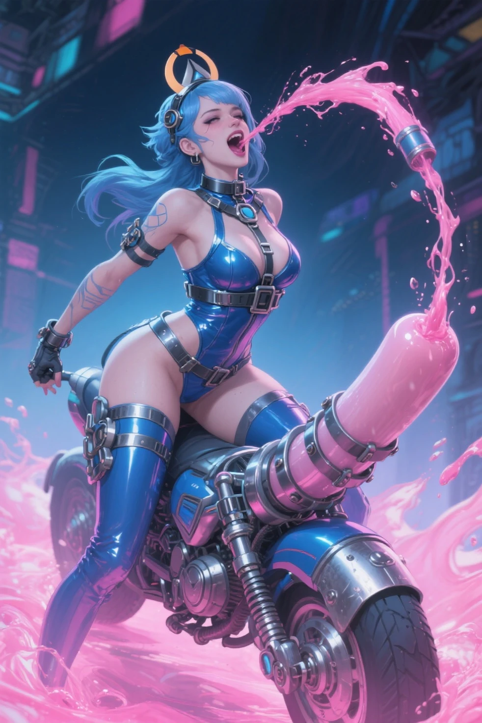1girl, 3d,, cyberpunk , blue eyes, white background,, breasts, chromatic aberration, cleavage, depth of field, large breasts, lips, looking at viewer, makeup, photo (medium), photorealistic, solo, cyberpunk, neon, cyberpunk costume, wide smile, teeth, open mouth, tight clothing, full body, motorbike, smartphone