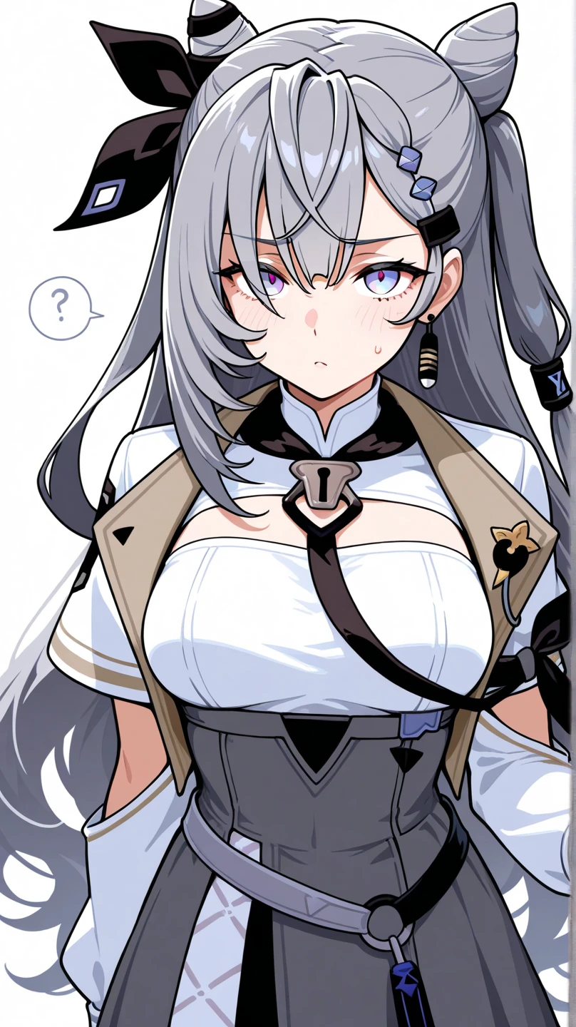 masterpiece, best quality, highres, <lora:FGO_F!FujimaruRitsuka [h_madoka]:0.9>, <lora:FGOKAMAV1:0.8>, MatureVer, very long hair, ahoge, huge breasts, white jacket, harness, long sleeves, belt, black skirt, miniskirt, black pantyhose, smile, hand on hip, ((hand on own chest)), smug