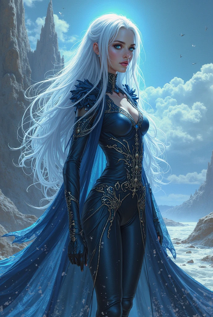 Professor Elowen Mistralight, a 25-year-old elf woman, medium height and delicate elf with silver hair, mysterious and penetrating light blue eyes, He wears a robe with patterns of wind and water, tight light blue fabric pants, long, with navy blue riding boots, the boots reach the knee, a magic wand and castle background, anime style. Individual image of her in full body. He is in action pose. Has one leg raised with the knee bent, His mouth is slightly open as if he had exercised a lot.. He has light skin. She has her hair down and blowing in the wind.. feminine and sexy body.