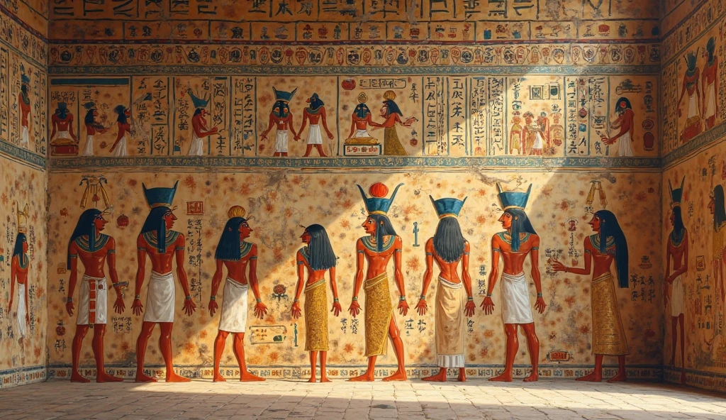 A mystic, magical (masterpiece, high resolution:1.4), (photo of Egyptian Ancient Mural, Rupestrian art:1.2). intricate details, UHD, 8k