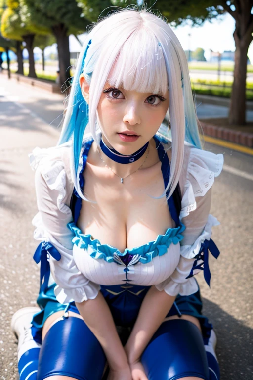 (Divorce 16 Nights)), ((Oriental Project)), Cosplay, 20 year old female, (((White hair)), ((Medium spiky hair)), ((Blue maid outfit)), ((White blouse)), Center of chest, (Light)))), (Paused))), (Photorealistic shooting: 1.3), Rim lighting, (Detailed skin: 1.2), 8k Ultra HD, DSLR, High quality, High resolution, 4K, 8k, Bokeh, Absurd, The best ratio is 4 fingers and 1 thumb, (Realistic: 1.3), Cutest girls 1,, Naked, 5 fingers, Naked people having sex. Nipples. Areola. Breasts, Genitals,、No clothes、Lower body exposed