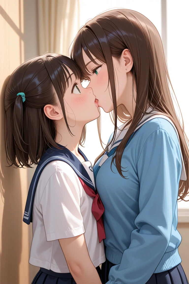 evening,((masterpiece)), ((Highest quality)), (Very detailed), beautiful girl, Kissing Scene, High school students kissing, (beautiful girlが2people), 17 years old, ((Cute high school student. Brown Hair)), White shirt,Slender body, ((Medium chest)),(Red cheeks),Sweat, library, whole body