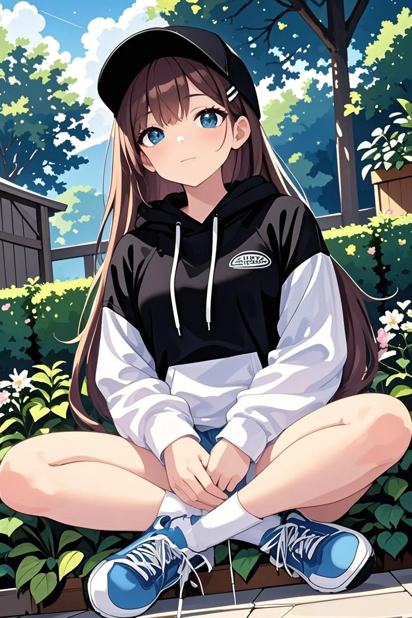 (highest quality,High resolution,masterpiece:1.2),Super detailed,realistic,HDR,Professional,bright chestnut hair,Bokeh,portrait,landscape,photograph,concept artist,soft pastel tones,pastoral lighting,fine and beautiful eyes,thick and beautiful lips,highly detailed eyes and face,long eyelashes,sparkling eyes,delicate nose,cute smile,brown curly hair,1 Ahoge,adorable cute girl,low length,見事なProfessionalポーション,Cute personality,attractive appearance,kneel on the ground,bright blue eyes,innocent look,two side up hair, long blue hoodie,black leggings,dark brown loafers、hitchhiking