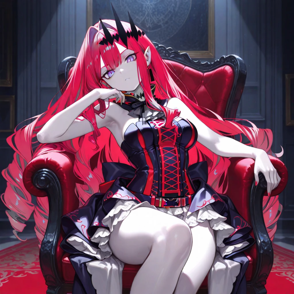 1girl,bare shoulders,black headwear,black ribbon,blood,blood on hands,blush,breasts,center frills,circlet,closed mouth,crossed legs,crown,detached collar,detached sleeves,dress,earrings,fingernails,frills,magic eyes,grey eyes,hair ornament,hand on own face,high heels,indoors,eyelashes,jewelry,long hair,looking at viewer,medium breasts,neck ribbon,pale skin,pink dress,pink hair,pointy ears,red nails,ribbon,sitting,detail eyes,sitting on throne,sleeveless,sleeveless dress,smile,solo,throne,tongue,tongue out,<lora:baobhan_sith_fate_Flux:0.8>,baobhan_sith_fate_flux,