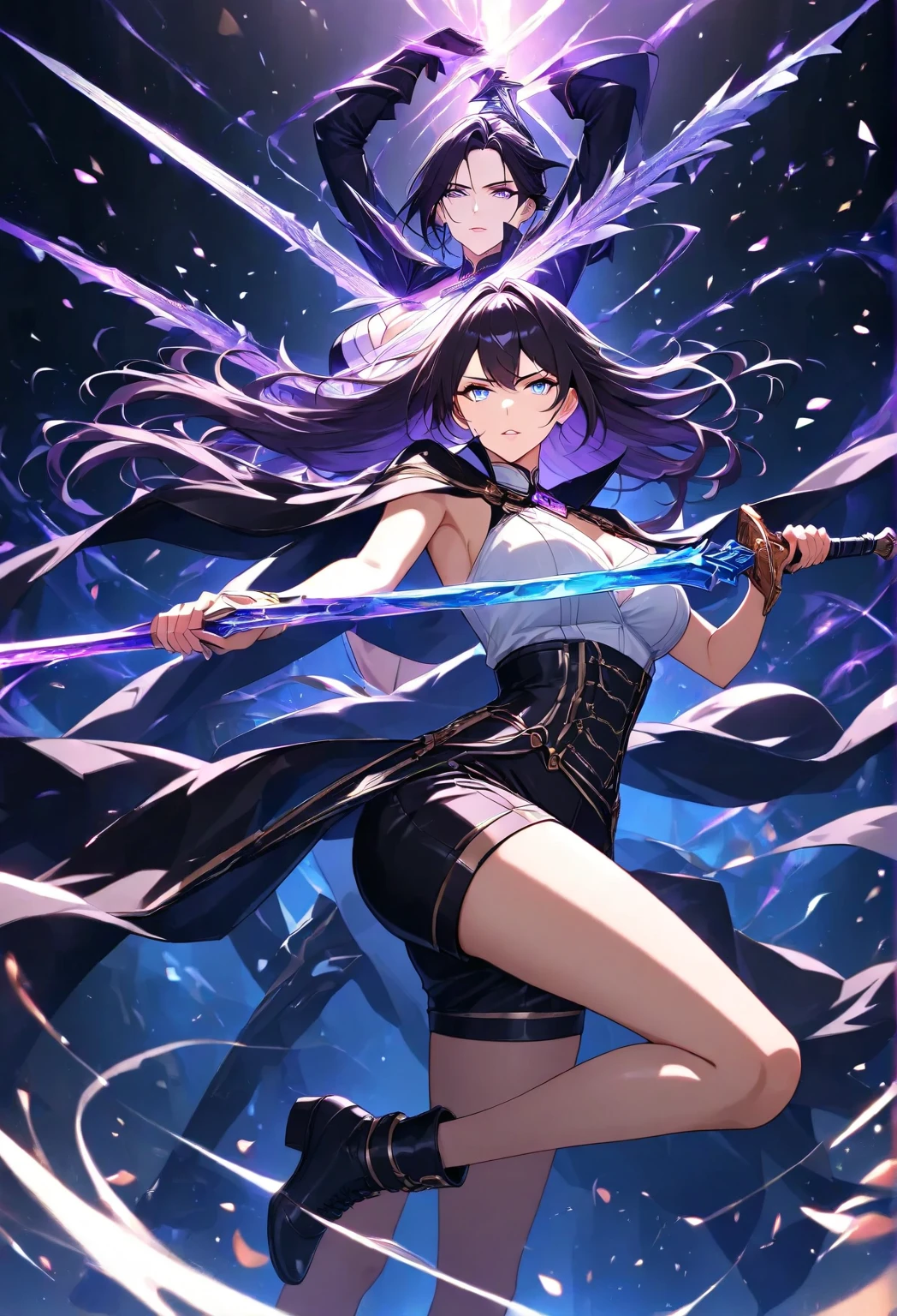 Womens (The chest is just right.)Long purple-black hair, black eyes, wearing a black-purple fantasy outfit. Holding a cool angel's scythe and releasing dark magic in one hand.