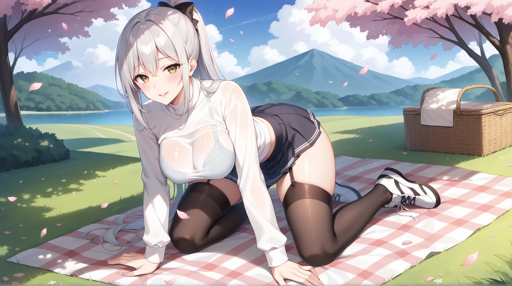 (photorealistic:1.8, highest quality:1.8,8K masterpiece:1.8,High resolution,muste piece:1.8,RAW Photos,cinematic lighting),
1 23-year-old woman,(colorful nurse uniform,mini skirt,choker,knee high tights,beautiful butt,beautiful thighs),
beautiful detailed blue eyes:1.7,double eyelid:1.6,beautiful skin:1.8, 
(looking at the camera:1.5),(photo seen from behind:1.4),
(midium Hair:1.2,beautiful shining white hair:1.5), 
expression(Gentle Smile:1.3,face turns red:1.3),(Moderate chest:1.3),
Pause(look back, Seductive pose:1.5), 
background(cherry blossoms、A bright park with blooming flowers),(detailed perfect face),anatomically correct,correct move:1.5,correct foot:1.5,Best ratio 4 fingers and 1 thumb,(cameltoe),No split screen