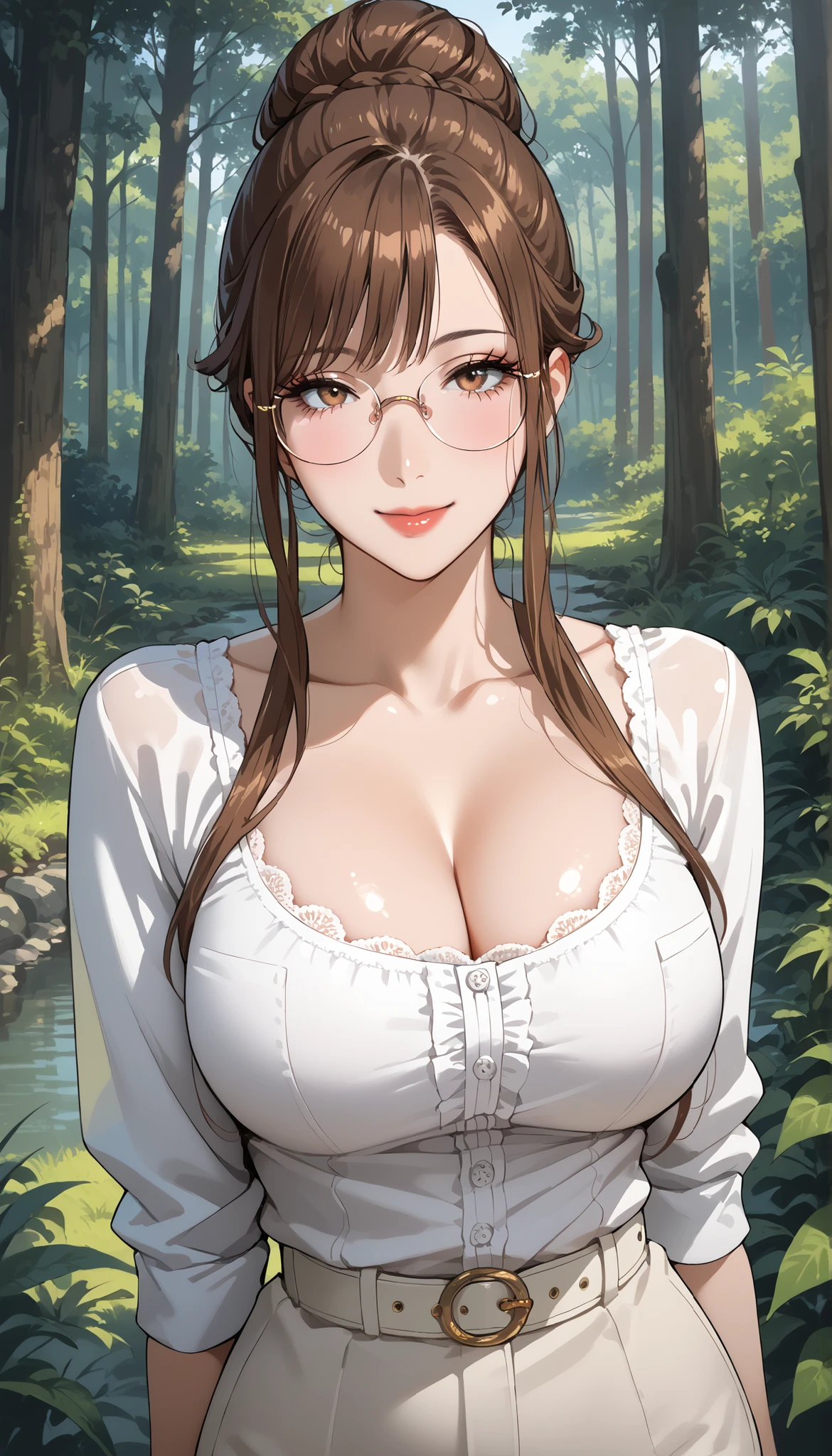 score_9, score_8_up, score_7_up, score_6_up, score_5_up, score_4_up, source_anime, tag1, tag 2, quality_masterpiece, anatomically accurate , Facial beauty , perfect face, very detailed and beautiful face and eyes with glasses, Attractive Faces , detailed face , Delicate Face, detailed skin,curvilinear, Voluptuous, wide hips, Thighs , fat body, function, Seductive Woman Wearing a White Belt , Mature Woman , Mature Woman, of motherhood, medium bust surrounded by dense forest ,naughty face , Chestnut Mouse ,Round Glasses, ,room,brown hair, long hair, bun hair, ,Blake Retingin_i doubt it, the above, viewer, from front , skinpea , object