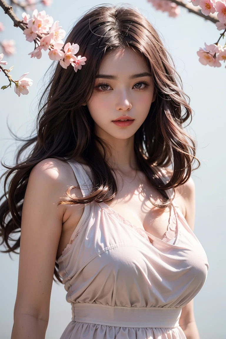 (logo、masterpiece、8K、table top、RAW photo、wonderful、最high quality、フォトリアリスティックでvery detailedな CG 統合 8k 壁紙、high quality、very detailed、narrative poem、particle effects、dynamic effect、Depth of bounds written、cinematic light、Lens flare、ray tracing)、fantasy、 (1 beautiful woman、dress、dress、Cherry blossom pattern、black haired、beautiful face、real face、beautiful details eyes beautiful skin)、髪がWindで踊る、Hair flutters in Wind、hair jump、pink cherry tree、petals dance、SakuraFubuki、wonderful景色、sunrise、sun on background、Wind、