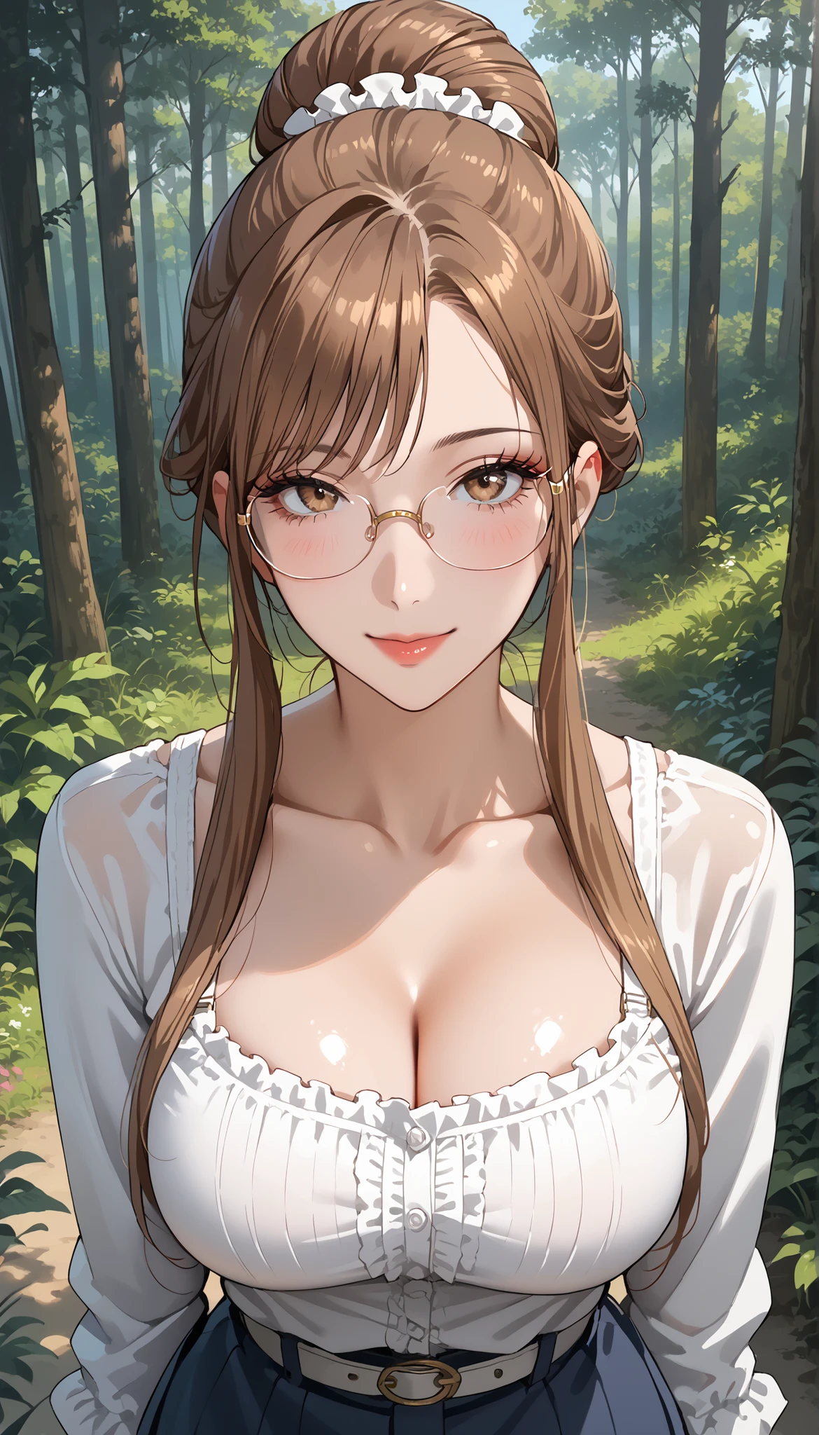 score_9, score_8_up, score_7_up, score_6_up, score_5_up, score_4_up, source_anime, tag1, tag 2, quality_masterpiece, anatomically accurate , Facial beauty , perfect face, very detailed and beautiful face and eyes with glasses, Attractive Faces , detailed face , Delicate Face, detailed skin,curvilinear, Voluptuous, wide hips, Thighs , fat body, function, Seductive Woman Wearing a White Belt , Mature Woman , Mature Woman, of motherhood, medium bust surrounded by dense forest ,naughty face , Chestnut Mouse ,Round Glasses, ,room,brown hair, long hair, bun hair, ,Blake Retingin_i doubt it, the above, viewer, from front , skinpea , object