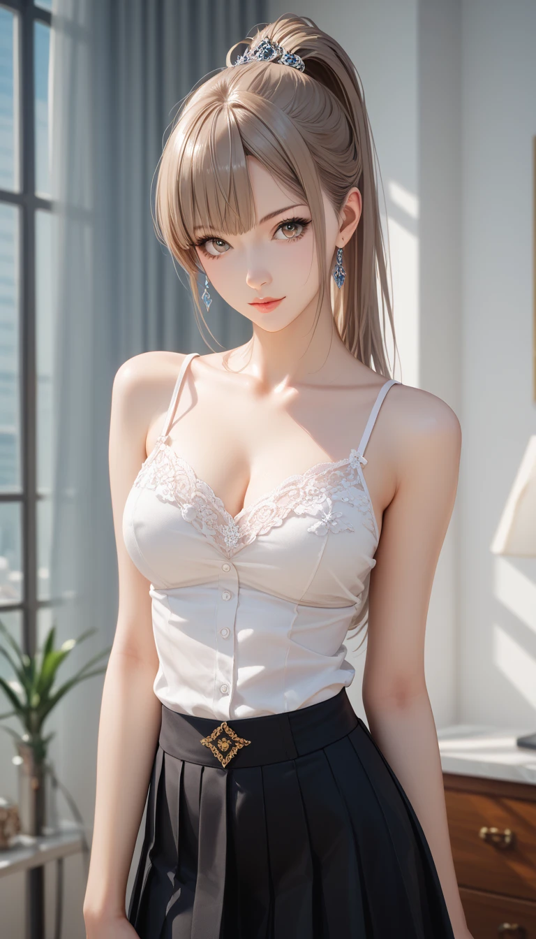 (best quality: 1.4), (High Resolution), (4k Masterpiece), (Ultra Detailed), 1 woman, blonde hair, ponytail, big boobs, white bra, lace underwear, v-shaped panties, standing, room