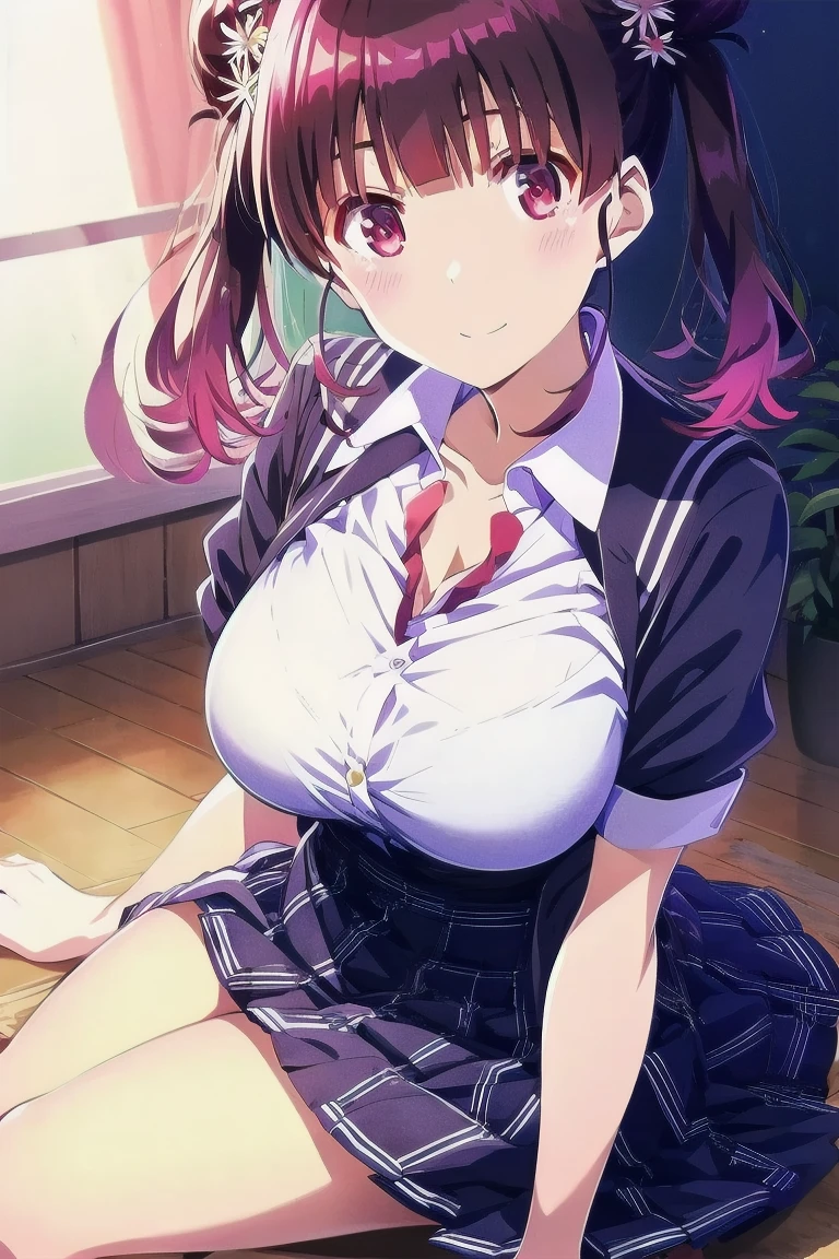 (masterpiece:1.2, Highest quality), (Realistic, photoRealistic:1.4), Beautiful illustrations, (Natural Side Lighting, Cinema Lighting), 
View your viewers, Cowboy Shot, Front view:0.6, 1 girl, Japanese, high school girl, Perfect Face, Cute and symmetrical face, Glowing Skin, 
(Long Hair:1.8, Straight hair:1.7, Light pink hair), Parted bangs, Emerald green eyes, Long eyelashes, (Large Breasts:0.9, Thick thighs), 
Beautiful Hair, Beautiful Face, Beautiful attention to detail, Beautiful clavicle, Beautiful body, Beautiful breasts, Beautiful thighs, Beautiful feet, Beautiful fingers, 
((White collared shirt, Grey pleated mini skirt, , Black socks, Brown Loafers, Red bow tie)), hoop ring earrings, Pink Panties, 
(Beautiful views), evening, River side, (Cute smile,), Lean yourself into a chair and sit down.、Spread your legs wide、Panties visible from under the skirt、（四つん這い、濡れた服、スカートめくり）