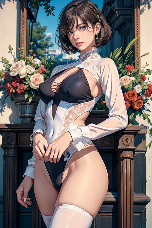 best quality, official art, masterpiece, textile shading, HDR, very detailed, colorful, best details, fantasy, 2B, 1 female, 25 years old, black hair, short hair, up bang hair, one length, best quality, official art, masterpiece, textile shading, HDR, very detailed, colorful, best details, fantasy, battle suit,1 female, 25 years old, standing on stairs, a castle town with an old castle view, sunny, random hair, big breast, skinny, Surrounded by a large crowd:1.9, Confetti flutters, Blessed, Being welcomed:1.5, cameltoe:1.3, ground level shot:,