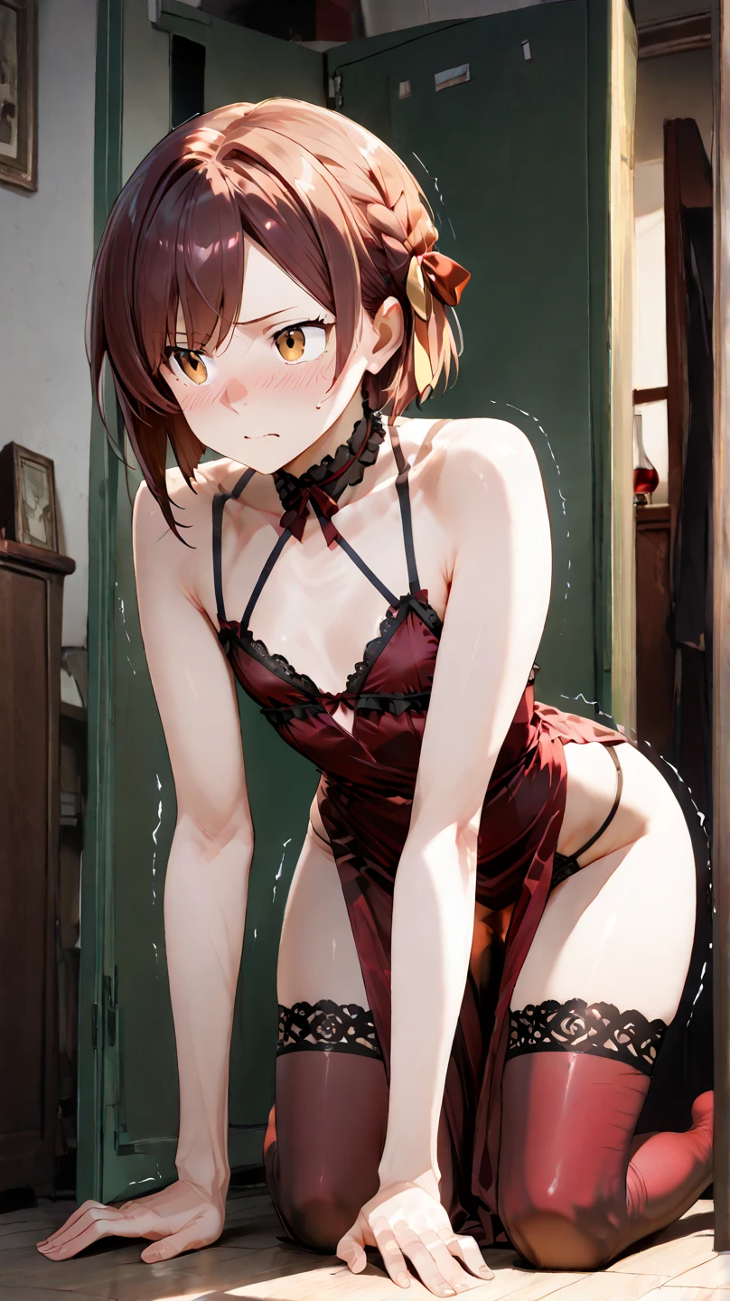 naked girl, flat chest, sexy pose, shoulder length red short hair, Brown eyes, tied with ropes, Ahegao