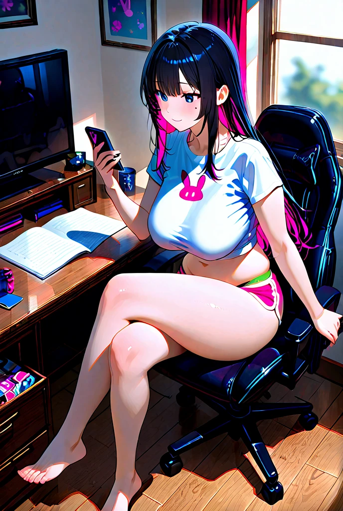 akeno,fullbody, perfect body, detailed face, detailed eyes,sexy,high res,high quality, masterpiece, office uniform,sitting on office chair, office,very sexy,large breasts,black shining heels,open mouth, embarrassed ,blush,top quality,(best quality,4k,8k,highres,masterpiece:1.2),ultra-detailed,portrait, erotic, sensual, voluptuous, glowing skin, detailed facial features, alluring gaze, cinematic lighting, rich colors, dramatic shadows,red nails,look from high, side view,sexy,look from side,red tie, choker , looking from high, elegant, elegantly sitting,sfw,sits by the office table,look from top,photo at an angle,look from side, detailed heels, working, looking at her table,working on computer, looking at computer ,porno on computer ,watching porno, watching at nude girls,horny,nude except her black heels,abs
