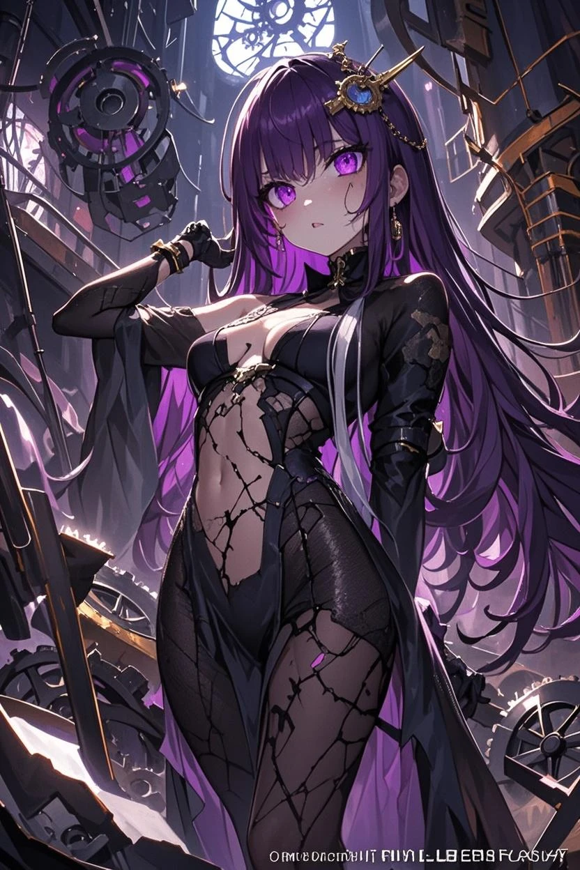 a pink haired female reaper with violet eyes and an hourglass figure is posing in sexy gothic clothes is leaning on her scythe in the busy city street