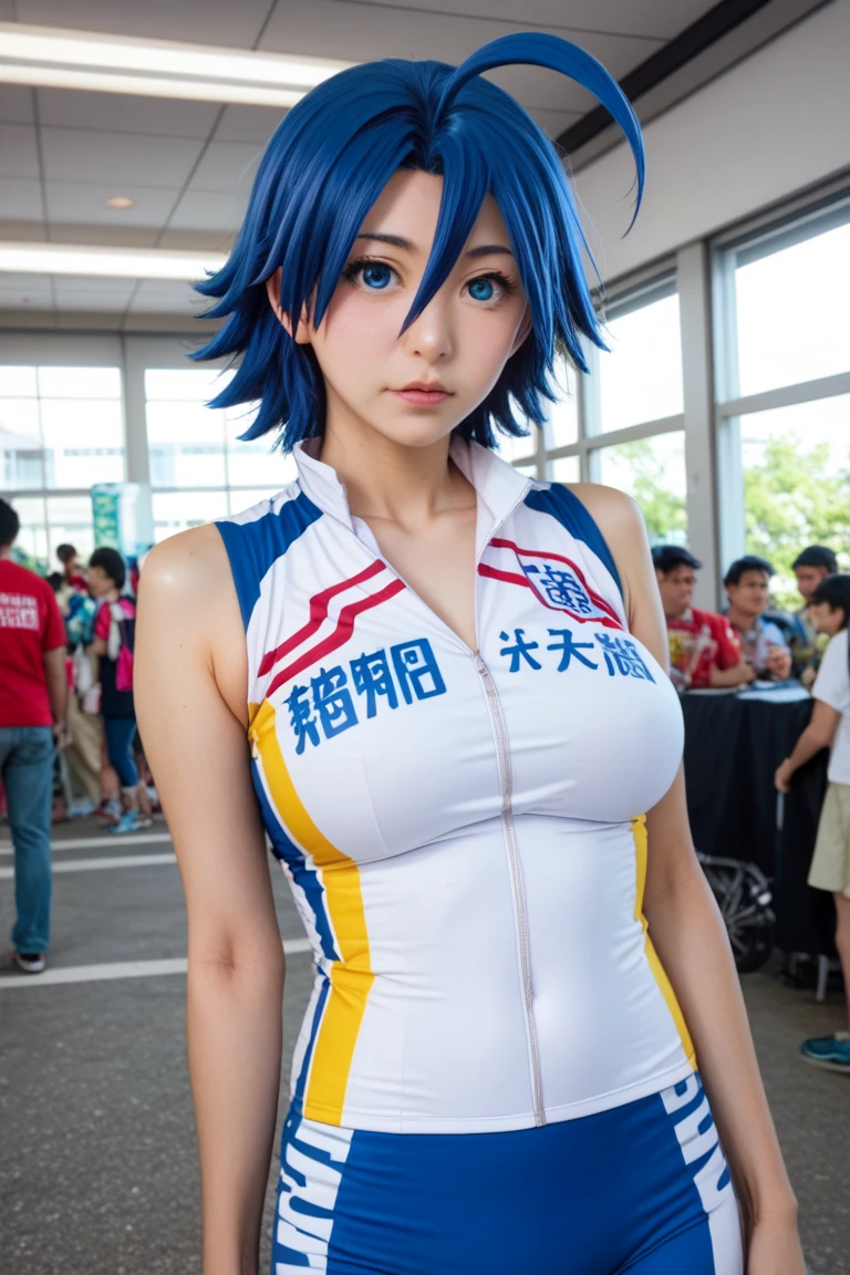 mix4, 20d, solo, short_hair, shirt, high_heels,full_body, look_at_viewer, (8k, RAW photography, top quality, masterpiece:1.2), (realistic, photorealistic:1.37), professional lighting, photon mapping, radiosity,physically based rendering、Gym suit(White T-shirt with lines on the cuffs)and wearing bloomers、Wearing dark blue bloomers、Dark blue bloomers that fit into your crotch、High leg、Simple bloomers、lewd smile、japanese woman、mature woman、super big breasts、nipple erection、high socks、sneakers、sexy pose、Whipped body、untidy body shape、Anime character costume