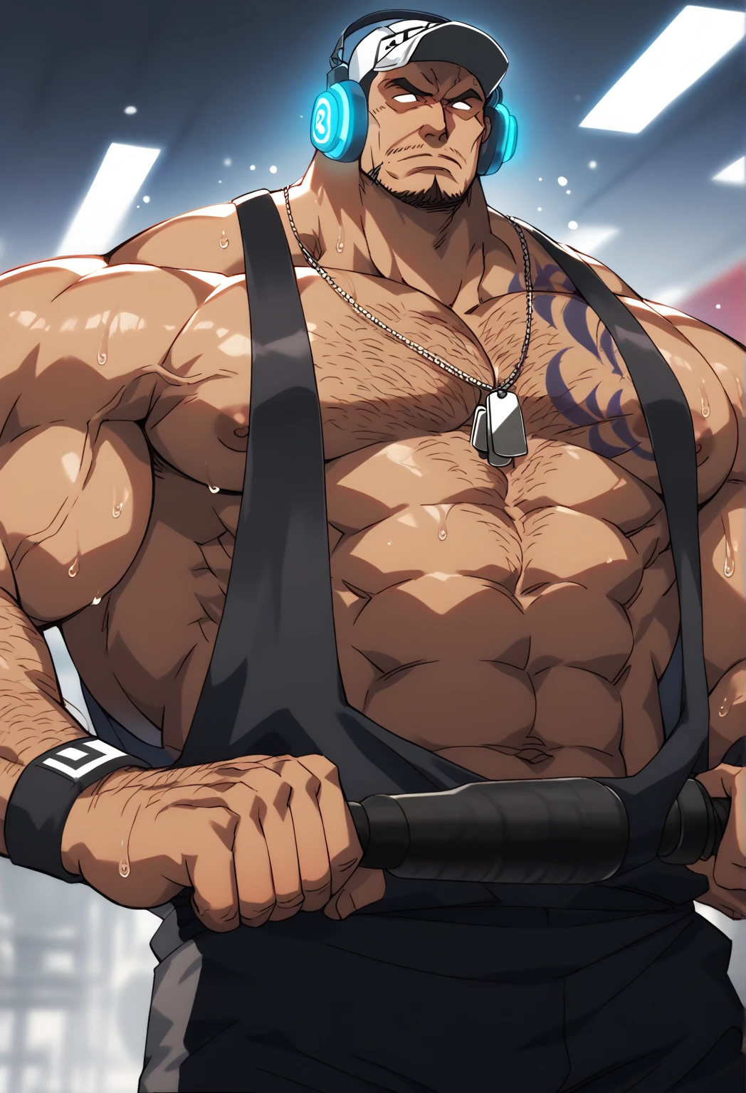 nappa, male focus, solo,cowboy shot, 1boy, bald, muscular male, abs ,black vambraces, veins, pectorals, thighs, black eyes , nipple , mustache, ( micro-thong) , tail around waist, (best quality, masterpiece) , BDSM , full body , boxing gloves , black boots , strip club stage , blushing face , ashamed face , Hide the hand