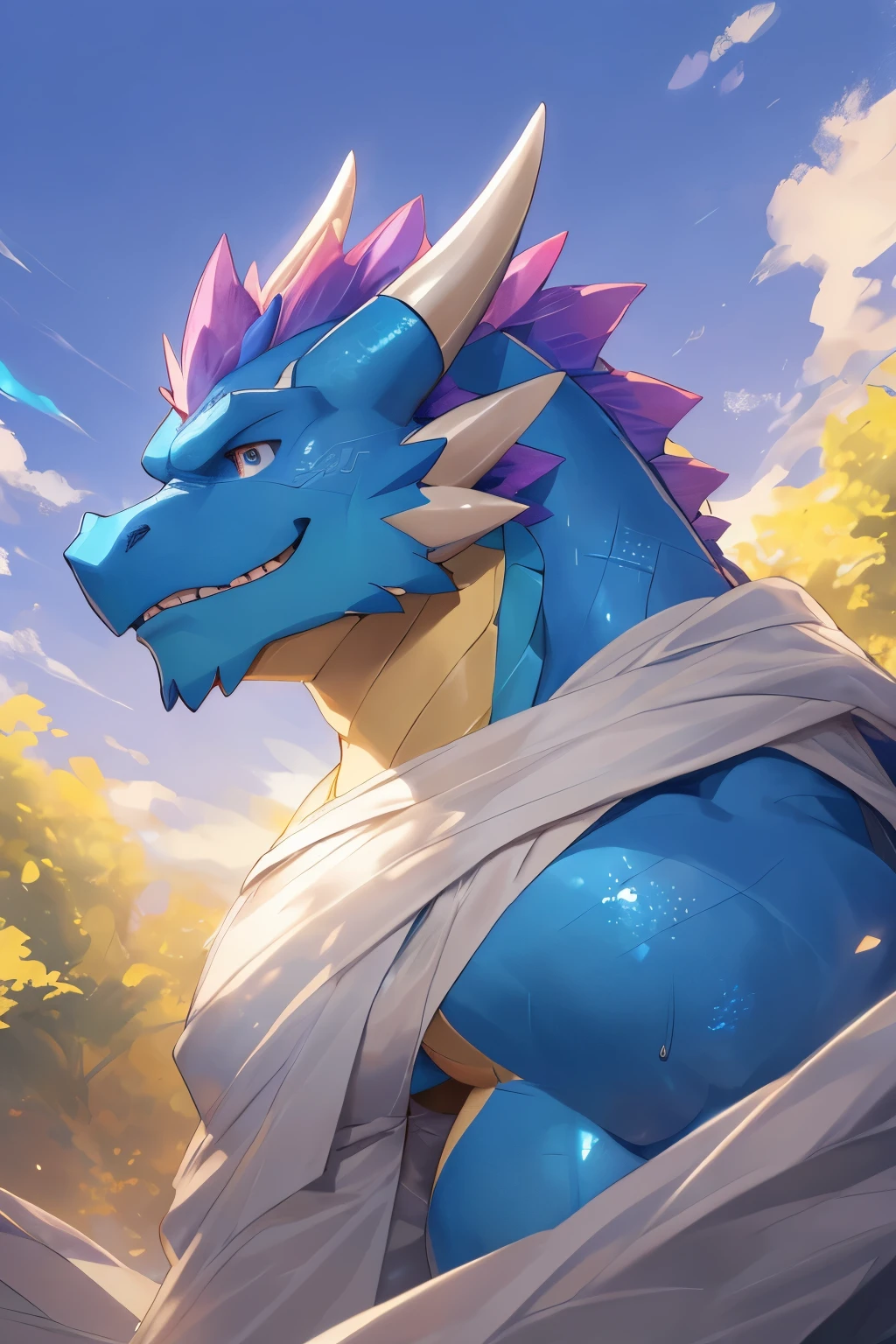 male,40 years old, ((Round Face, Full face ,Eyes with vertical pupils, purple irises)), ((Endocrine, handsome)), (), ((Domestic dragon orc,Blue Dragon,) furry fur, furry), Outside, (high quality, high resolution, masterpiece), ( dynamic lighting, bright colors), (), Full body photo , cartoon, author:Arashi Takehoto, from Zixiong , author:Chunni, author:Ethereal,(background:), ultra-detailed, sweat, Rough, maturity, strong expression, sharp gaze.,characters wear sky blue Hanfu,Hanfu color is sky blue,Dragon scales are blue,Sloppy