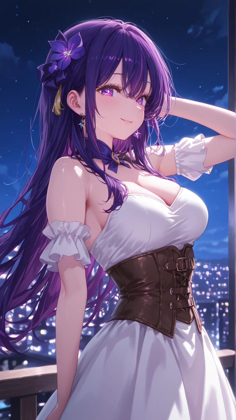 masterpiece, Highest quality, Super Resolution, 8K, 15-year-old female, Purple long hair, Handsome face, ((Big Eyes, black eye, Close your eyes halfway)), A simple white see-through dress, Golden corset around the waist, Sexy slit in skirt, White knee socks, (( Wide open chest, Large Breasts)), ((Nipples, Small purple lingerie)), Love juice drips from lingerie, Spread your arms wide, Sexy pose with butt facing the viewer, Violated by a man, Temple of the Night, Greek statue of Athena behind