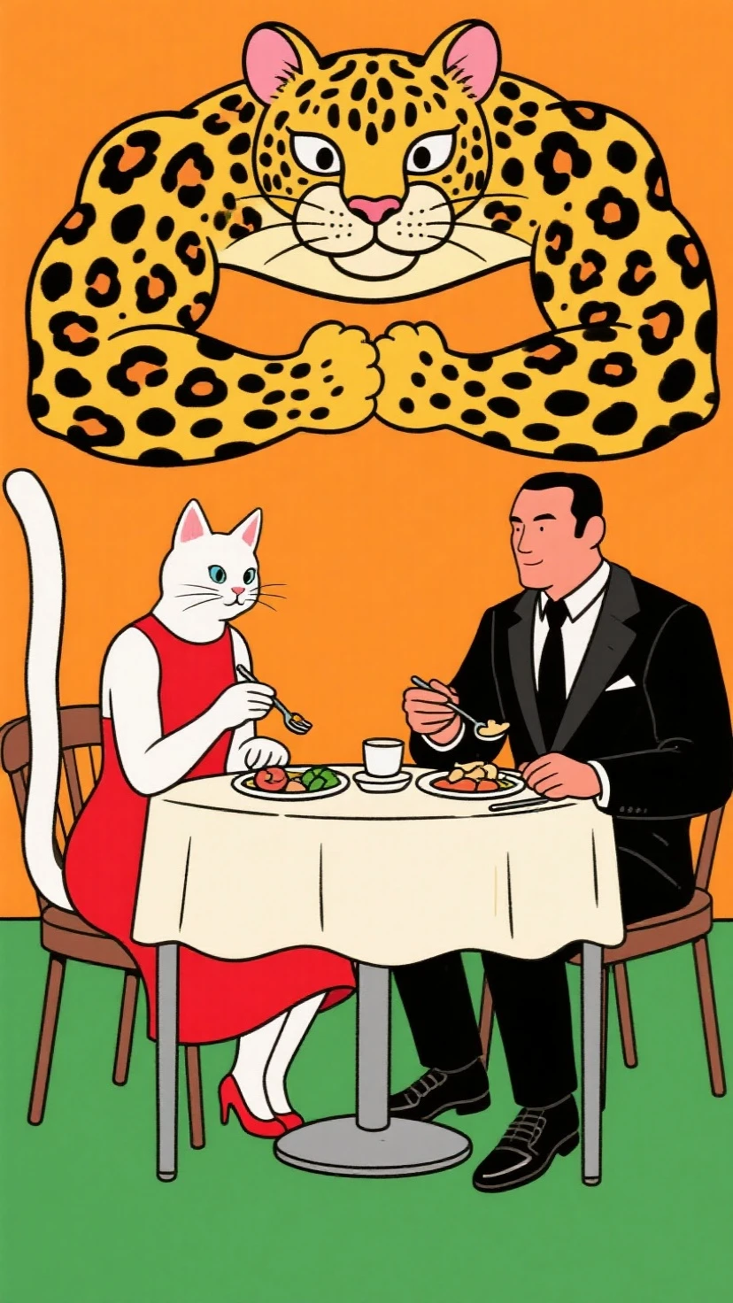 painting of a couple sitting at a table with a cat on it, having an awkward dinner date, by Jeka Kemp, at a dinner table, anthropomorphic cat, by Bob Ringwood, diner caffee, enoch bolles, ( art fitzpatrick ), by Art Fitzpatrick, by Nicholas Marsicano, diner, gentlemens dinner, blacksad